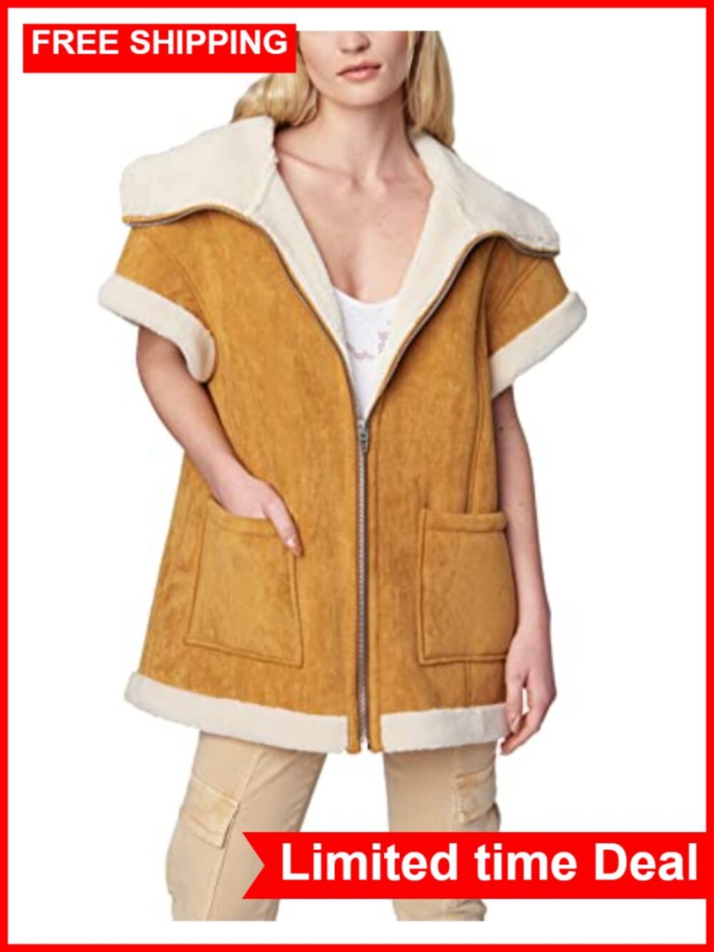 Faux Suede and Sherpa Short Sleeve Vest Relaxed Fit Collarless